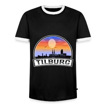 Tilburg Netherlands Skyline Vintage Sunset Travel - Men's Ringer Shirt - black/white - Front - AI Model Female 172 light (172cm) & AI Model Male 178 light (178cm)