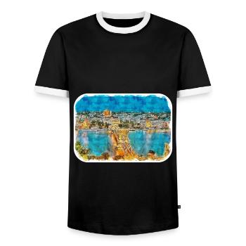 Budapest Hungary Watercolor Sketch Illustration - Men's Ringer Shirt - black/white - Front - AI Model Female 172 light (172cm) & AI Model Male 178 light (178cm)