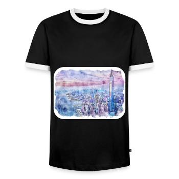 New York Usa Watercolor Sketch - Men's Ringer Shirt - black/white - Front - AI Model Female 172 light (172cm) & AI Model Male 178 light (178cm)