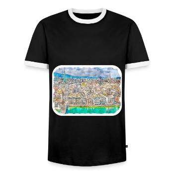 Zürich Schweiz Aquarellskizze gezeichnet Paintin - Männer Kontrast-T-Shirt - Schwarz/Weiß - Vorne - AI Model Female 172 light (172cm) & AI Model Male 178 light (178cm)