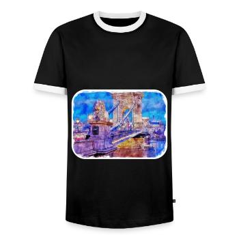 Budapest Hungary Watercolor Sketch Illustration - Men's Ringer Shirt - black/white - Front - AI Model Female 172 light (172cm) & AI Model Male 178 light (178cm)