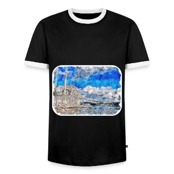 Istanbul Turkey Watercolor Sketch Illustration - Men's Ringer Shirt - black/white - Front - AI Model Female 172 light (172cm) & AI Model Male 178 light (178cm)