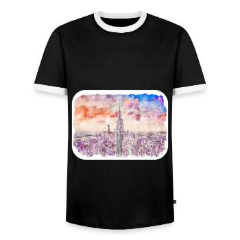 New York Usa Watercolor Sketch Drawing - Men's Ringer Shirt - black/white - Front - AI Model Female 172 light (172cm) & AI Model Male 178 light (178cm)