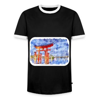 Japan Aquarellskizze Handgezeichnete Illustration - Männer Kontrast-T-Shirt - Schwarz/Weiß - Vorne - AI Model Female 172 light (172cm) & AI Model Male 178 light (178cm)
