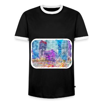 China Watercolor Sketch Hand Drawn Illustration - Men's Ringer Shirt - black/white - Front - AI Model Female 172 light (172cm) & AI Model Male 178 light (178cm)