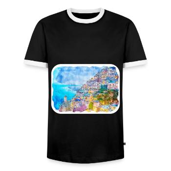 Positano Italy Watercolor Sketch Drawn Illustratio - Men's Ringer Shirt - black/white - Front - AI Model Female 172 light (172cm) & AI Model Male 178 light (178cm)