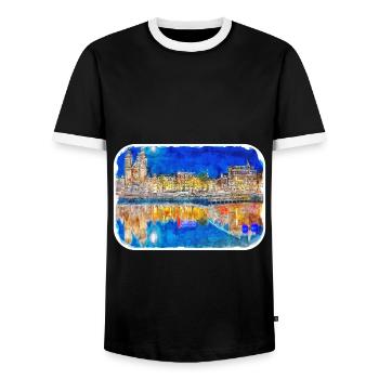 Amsterdam Netherlands Watercolor Sketch Drawing - Men's Ringer Shirt - black/white - Front - AI Model Female 172 light (172cm) & AI Model Male 178 light (178cm)