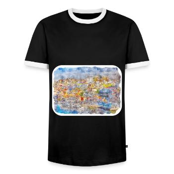 Porto Portugal Watercolor Sketch Drawn Illustratio - Men's Ringer Shirt - black/white - Front - AI Model Female 172 light (172cm) & AI Model Male 178 light (178cm)