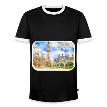 Londres UK Aquarelle Esquisse Dessinée à la Main Peinture - T-shirt contrasté Homme - noir/blanc - Devant - AI Model Female 172 light (172cm) & AI Model Male 178 light (178cm)