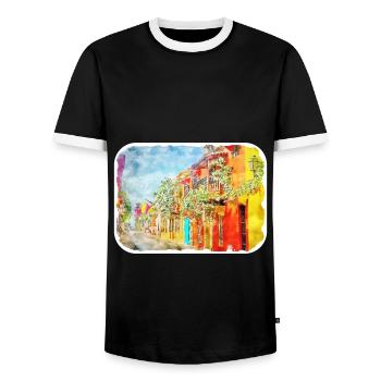 Cartagena Kolumbien Aquarell Skizze Gezeichnet Illustr - Männer Kontrast-T-Shirt - Schwarz/Weiß - Vorne - AI Model Female 172 light (172cm) & AI Model Male 178 light (178cm)