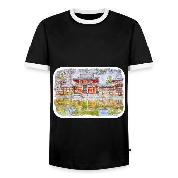 Japan Aquarellskizze Handgezeichnete Illustration - Männer Kontrast-T-Shirt - Schwarz/Weiß - Vorne - AI Model Female 172 light (172cm) & AI Model Male 178 light (178cm)