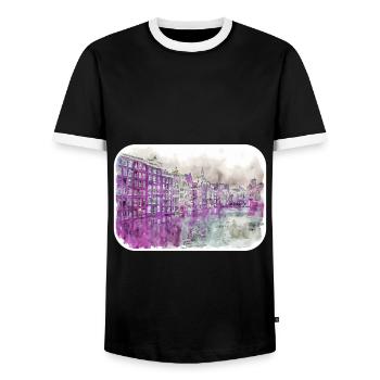 Amsterdam Netherlands Watercolor Sketch Drawing - Men's Ringer Shirt - black/white - Front - AI Model Female 172 light (172cm) & AI Model Male 178 light (178cm)