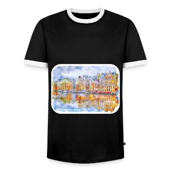 Amsterdam Netherlands Watercolor Sketch Drawn Pain - Men's Ringer Shirt - black/white - Front - AI Model Female 172 light (172cm) & AI Model Male 178 light (178cm)