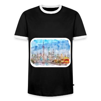 China Watercolor Sketch Hand Drawn Illustration - Men's Ringer Shirt - black/white - Front - AI Model Female 172 light (172cm) & AI Model Male 178 light (178cm)