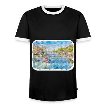 Paris France Watercolor Sketch Drawn Illustration - Men's Ringer Shirt - black/white - Front - AI Model Female 172 light (172cm) & AI Model Male 178 light (178cm)