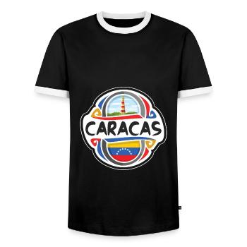 Caracas Venezuela Flag Badge Travel Souvenir Stamp - Men's Ringer Shirt - black/white - Front - AI Model Female 172 light (172cm) & AI Model Male 178 light (178cm)
