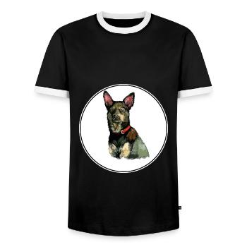 Australian Kelpie Dog Watercolor Illustration - Men's Ringer Shirt - black/white - Front - AI Model Female 172 light (172cm) & AI Model Male 178 light (178cm)