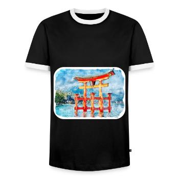 Japan Aquarellskizze Handgezeichnete Illustration - Männer Kontrast-T-Shirt - Schwarz/Weiß - Vorne - AI Model Female 172 light (172cm) & AI Model Male 178 light (178cm)