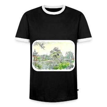 Japan Aquarellskizze Handgezeichnete Illustration - Männer Kontrast-T-Shirt - Schwarz/Weiß - Vorne - AI Model Female 172 light (172cm) & AI Model Male 178 light (178cm)