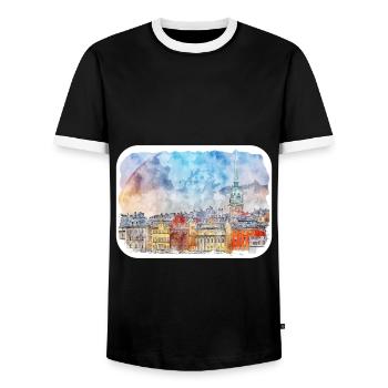 Helsinki Finland Watercolor Sketch Illustration - Men's Ringer Shirt - black/white - Front - AI Model Female 172 light (172cm) & AI Model Male 178 light (178cm)