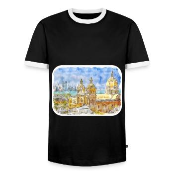 Carthagène Colombie Aquarelle Sketch Illustration - T-shirt contrasté Homme - noir/blanc - Devant - AI Model Female 172 light (172cm) & AI Model Male 178 light (178cm)