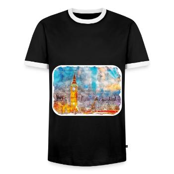 Uk Landmark Watercolor Sketch Painting Illustratio - Men's Ringer Shirt - black/white - Front - AI Model Female 172 light (172cm) & AI Model Male 178 light (178cm)