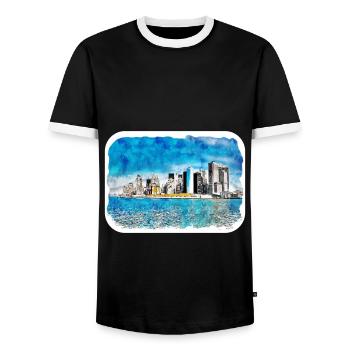 New York Usa Watercolor Sketch Drawing - Men's Ringer Shirt - black/white - Front - AI Model Female 172 light (172cm) & AI Model Male 178 light (178cm)