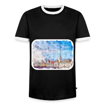 Zürich Schweiz Aquarellskizze gezeichnet Paintin - Männer Kontrast-T-Shirt - Schwarz/Weiß - Vorne - AI Model Female 172 light (172cm) & AI Model Male 178 light (178cm)