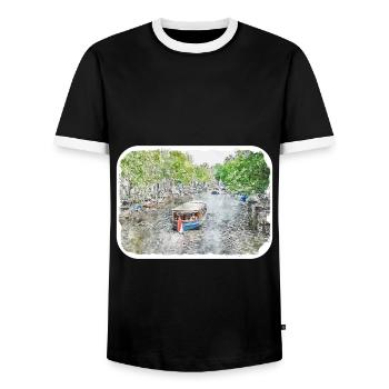 Amsterdam Netherlands Watercolor Sketch Drawing - Men's Ringer Shirt - black/white - Front - AI Model Female 172 light (172cm) & AI Model Male 178 light (178cm)