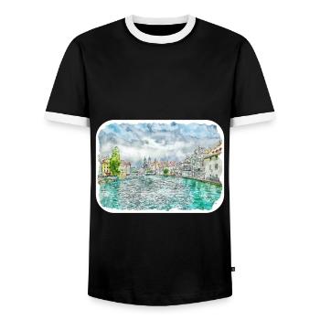 Luzern Schweiz Aquarellskizze gezeichnet Illust - Männer Kontrast-T-Shirt - Schwarz/Weiß - Vorne - AI Model Female 172 light (172cm) & AI Model Male 178 light (178cm)