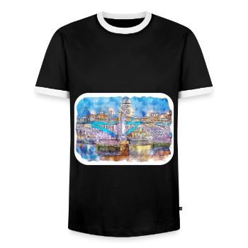 Uk Landmark Watercolor Sketch Painting Illustratio - Men's Ringer Shirt - black/white - Front - AI Model Female 172 light (172cm) & AI Model Male 178 light (178cm)