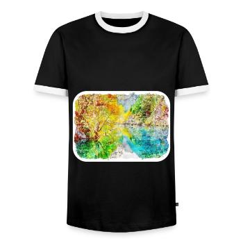 China Watercolor Sketch Hand Drawn Illustration - Men's Ringer Shirt - black/white - Front - AI Model Female 172 light (172cm) & AI Model Male 178 light (178cm)