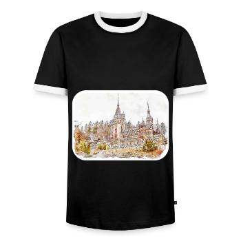 Illustration de croquis aquarelle Sinaia Roumanie - T-shirt contrasté Homme - noir/blanc - Devant - AI Model Female 172 light (172cm) & AI Model Male 178 light (178cm)