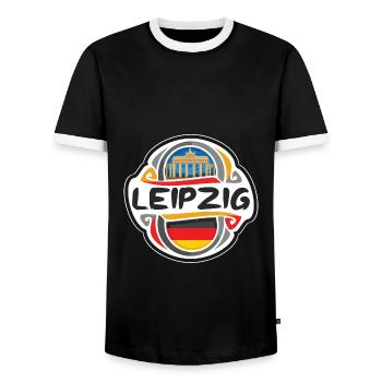 Leipzig Germany Flag Badge Travel Souvenir Stamp - Men's Ringer Shirt - black/white - Front - AI Model Female 172 light (172cm) & AI Model Male 178 light (178cm)