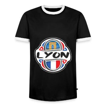 Lyon France Flag Badge Travel Souvenir Stamp - Men's Ringer Shirt - black/white - Front - AI Model Female 172 light (172cm) & AI Model Male 178 light (178cm)