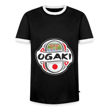 Ogaki Japan Flag Badge Travel Souvenir Stamp - Men's Ringer Shirt - black/white - Front - AI Model Female 172 light (172cm) & AI Model Male 178 light (178cm)