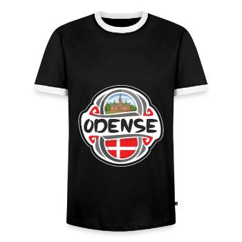 Odense Denmark Flag Badge Travel Souvenir Stamp - Men's Ringer Shirt - black/white - Front - AI Model Female 172 light (172cm) & AI Model Male 178 light (178cm)