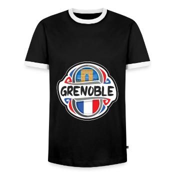 Grenoble France Flag Badge Travel Souvenir Stamp - Men's Ringer Shirt - black/white - Front - AI Model Female 172 light (172cm) & AI Model Male 178 light (178cm)