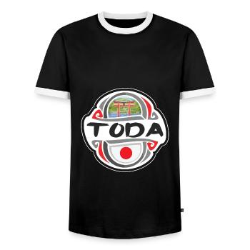 Toda Japan Flag Badge Travel Souvenir Stamp - Men's Ringer Shirt - black/white - Front - AI Model Female 172 light (172cm) & AI Model Male 178 light (178cm)