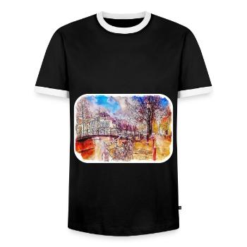Amsterdam Netherlands Watercolor Sketch Drawing - Men's Ringer Shirt - black/white - Front - AI Model Female 172 light (172cm) & AI Model Male 178 light (178cm)
