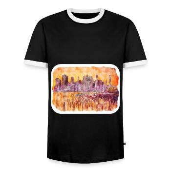 New York Usa Watercolor Sketch Drawing - Men's Ringer Shirt - black/white - Front - AI Model Female 172 light (172cm) & AI Model Male 178 light (178cm)
