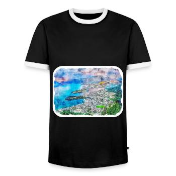 Queenstown New Zealand Watercolor Sketch Paint - Men's Ringer Shirt - black/white - Front - AI Model Female 172 light (172cm) & AI Model Male 178 light (178cm)
