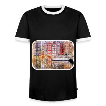 Amsterdam Netherlands Watercolor Sketch Drawing - Men's Ringer Shirt - black/white - Front - AI Model Female 172 light (172cm) & AI Model Male 178 light (178cm)