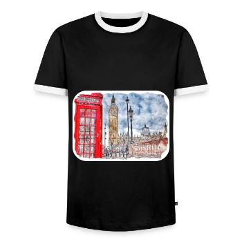 Londres UK Aquarelle Esquisse Dessinée à la Main Peinture - T-shirt contrasté Homme - noir/blanc - Devant - AI Model Female 172 light (172cm) & AI Model Male 178 light (178cm)