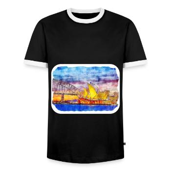 Sydney Australia Watercolor Sketch Illustration - Men's Ringer Shirt - black/white - Front - AI Model Female 172 light (172cm) & AI Model Male 178 light (178cm)