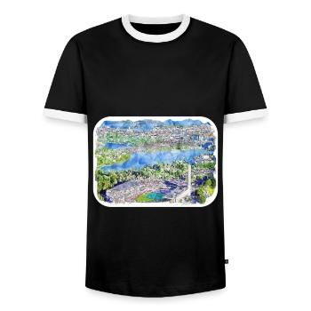 Helsinki Finland Watercolor Sketch Illustration - Men's Ringer Shirt - black/white - Front - AI Model Female 172 light (172cm) & AI Model Male 178 light (178cm)