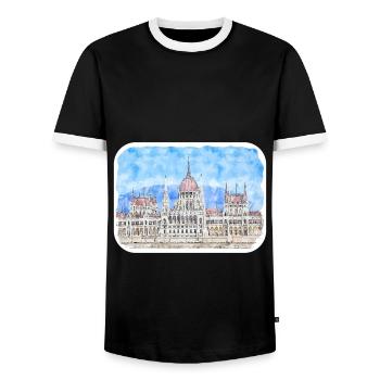 Budapest Hungary Watercolor Sketch Draw Drawing - Men's Ringer Shirt - black/white - Front - AI Model Female 172 light (172cm) & AI Model Male 178 light (178cm)
