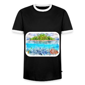 Maldives Watercolor Sketch Hand Drawn Illustration - Men's Ringer Shirt - black/white - Front - AI Model Female 172 light (172cm) & AI Model Male 178 light (178cm)