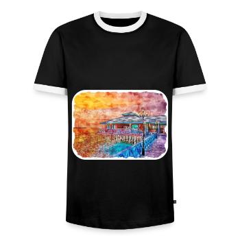 Maldives Watercolor Sketch Hand Drawn Illustration - Men's Ringer Shirt - black/white - Front - AI Model Female 172 light (172cm) & AI Model Male 178 light (178cm)