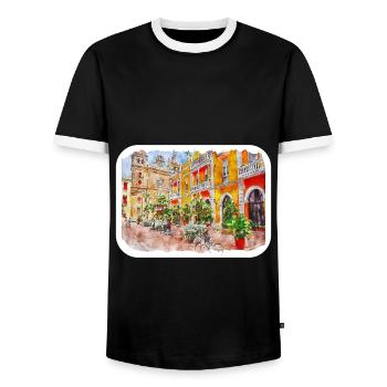 Cartagena Colombie croquis aquarelle dessiné illustr - T-shirt contrasté Homme - noir/blanc - Devant - AI Model Female 172 light (172cm) & AI Model Male 178 light (178cm)